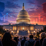 Editorial illustration of the US Capitol at dusk, with blue and red polling graphics symbolizing the 2026 House and Senate elections