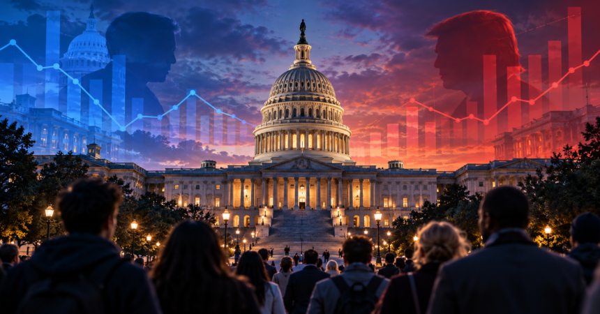 Editorial illustration of the US Capitol at dusk, with blue and red polling graphics symbolizing the 2026 House and Senate elections