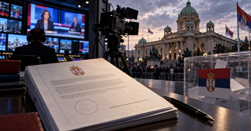 Editorial illustration for a report on Serbia's REM, N1 and Nova S election-silence controversy