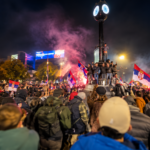 Illustration of celebrations after Serbia's student-backed election list declares victory.