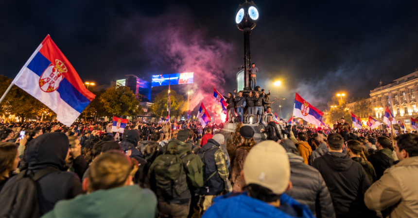 Illustration of celebrations after Serbia's student-backed election list declares victory.