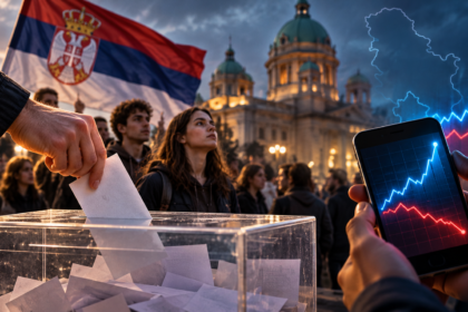 Illustration of young Serbian voters, national flags and a rising market chart outside the National Assembly in Belgrade