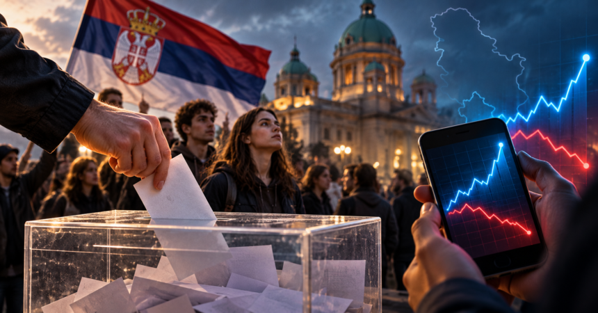 Illustration of young Serbian voters, national flags and a rising market chart outside the National Assembly in Belgrade