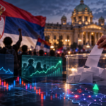 Editorial illustration for Votendi's analysis of Serbia's 2026 parliamentary election and Polymarket odds.