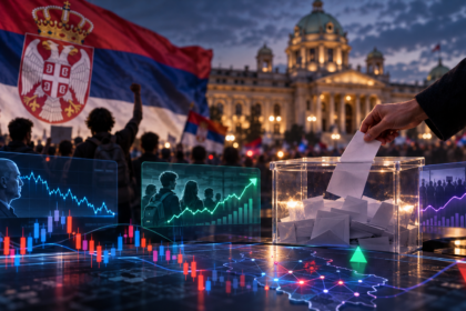Editorial illustration for Votendi's analysis of Serbia's 2026 parliamentary election and Polymarket odds.