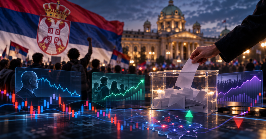 Editorial illustration for Votendi's analysis of Serbia's 2026 parliamentary election and Polymarket odds.