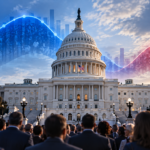 The United States Capitol beneath stylized blue and red election polling trend lines, representing the 2026 midterm elections