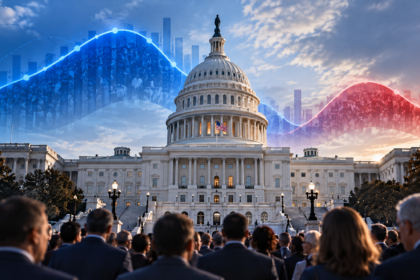 The United States Capitol beneath stylized blue and red election polling trend lines, representing the 2026 midterm elections