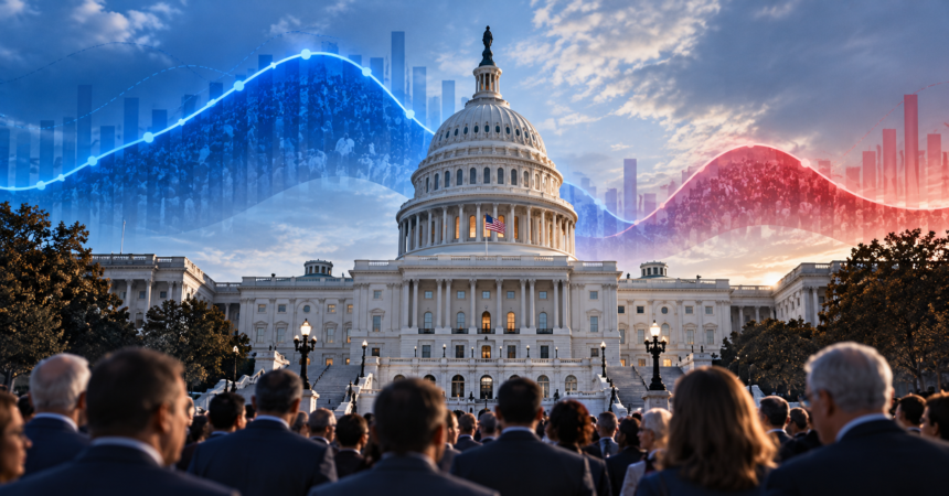 The United States Capitol beneath stylized blue and red election polling trend lines, representing the 2026 midterm elections