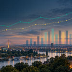 Polling trend charts over the Belgrade skyline for Serbia's 2026 parliamentary election