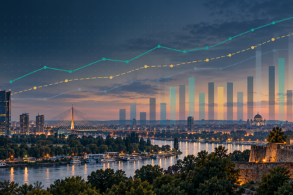 Polling trend charts over the Belgrade skyline for Serbia's 2026 parliamentary election
