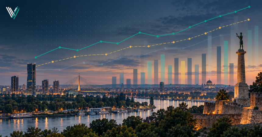Polling trend charts over the Belgrade skyline for Serbia's 2026 parliamentary election
