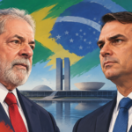Brazil 2026 presidential runoff illustration featuring Lula and Flávio Bolsonaro