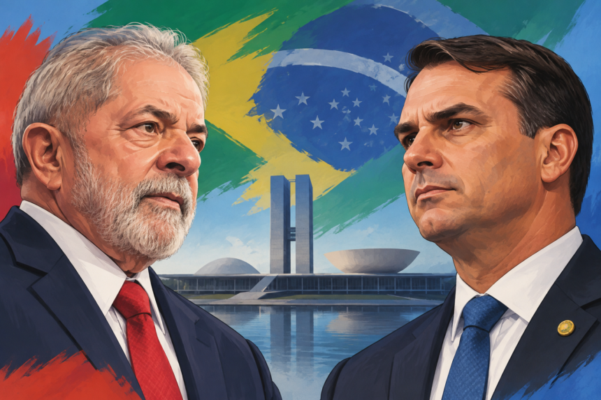 Brazil 2026 presidential runoff illustration featuring Lula and Flávio Bolsonaro