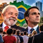 Editorial illustration of Lula and Flávio Bolsonaro alongside contrasting Brazilian neighborhoods and the Brazilian flag.
