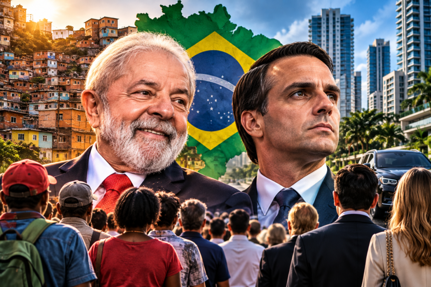 Editorial illustration of Lula and Flávio Bolsonaro alongside contrasting Brazilian neighborhoods and the Brazilian flag.