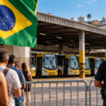 AI-generated illustration of buses at a depot in Salvador, Brazil, with the Brazilian flag and a police officer in the foreground.