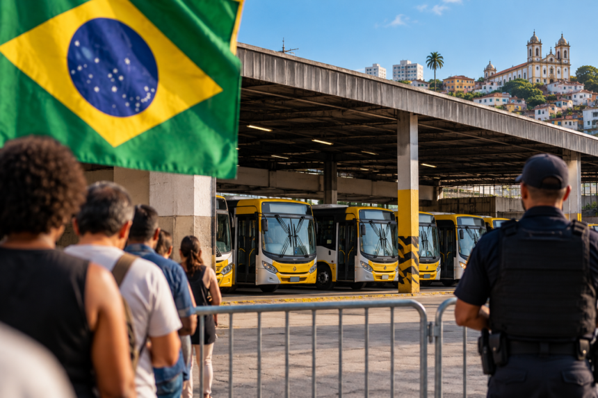 AI-generated illustration of buses at a depot in Salvador, Brazil, with the Brazilian flag and a police officer in the foreground.