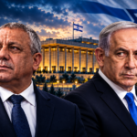 Editorial illustration of Gadi Eisenkot and Benjamin Netanyahu in front of the Knesset, with an Israeli flag.