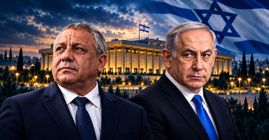 Editorial illustration of Gadi Eisenkot and Benjamin Netanyahu in front of the Knesset, with an Israeli flag.