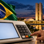 Illustration of an electronic voting machine in front of Brazil's National Congress in Brasília