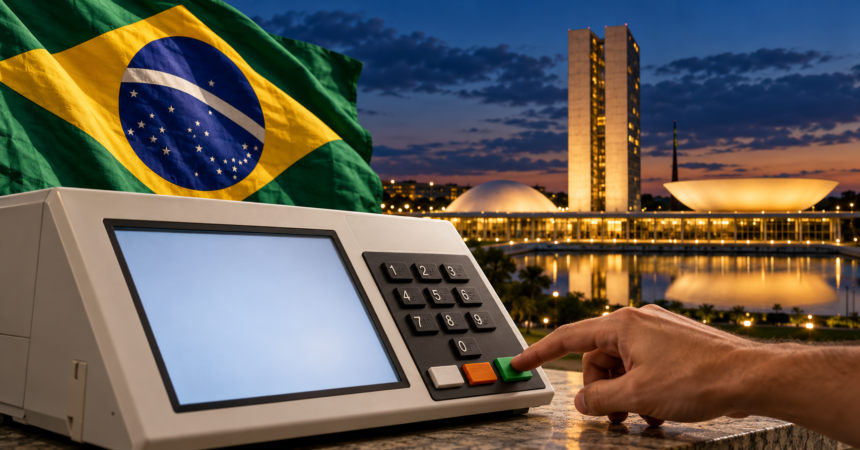 Illustration of an electronic voting machine in front of Brazil's National Congress in Brasília