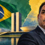 Illustration of Flávio Bolsonaro in front of Brazil's flag and the National Congress.