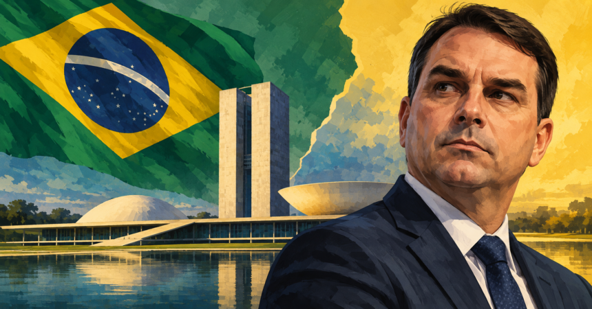 Illustration of Flávio Bolsonaro in front of Brazil's flag and the National Congress.
