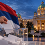 Illustration of a ballot box in front of Serbia's National Assembly for the October 2026 election