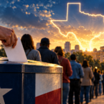 Illustration of a voter casting a ballot in Texas, with a Texas flag ballot box and the State Capitol at sunset.
