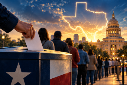 Illustration of a voter casting a ballot in Texas, with a Texas flag ballot box and the State Capitol at sunset.