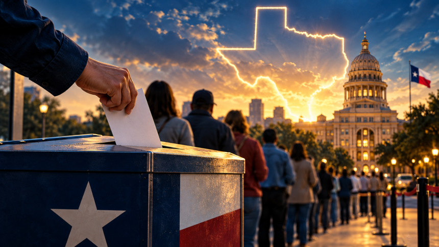Illustration of a voter casting a ballot in Texas, with a Texas flag ballot box and the State Capitol at sunset.