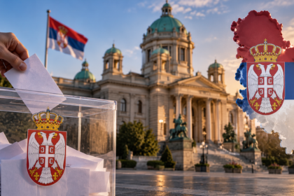 Ballot box and National Assembly in Belgrade illustrating Serbia's 2026 parliamentary election guide
