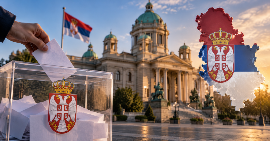 Ballot box and National Assembly in Belgrade illustrating Serbia's 2026 parliamentary election guide