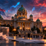Illustration of Serbia's National Assembly, a ballot box and rising and falling market charts symbolising changes in election betting odds.