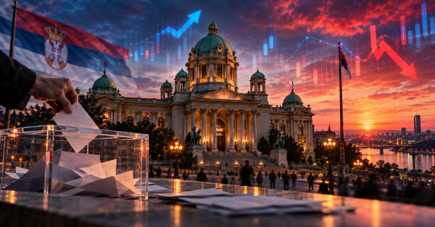 Illustration of Serbia's National Assembly, a ballot box and rising and falling market charts symbolising changes in election betting odds.