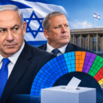 Illustration of Benjamin Netanyahu, the Israeli flag, the Knesset building and parliamentary seat distribution
