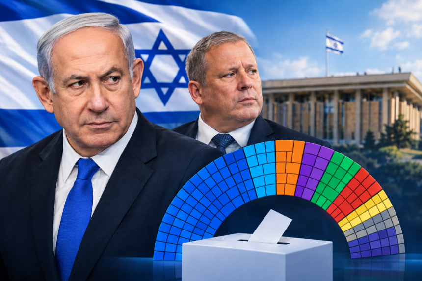 Illustration of Benjamin Netanyahu, the Israeli flag, the Knesset building and parliamentary seat distribution