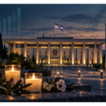 The Knesset in Jerusalem with Israeli flags and memorial candles marking the October 7 anniversary.