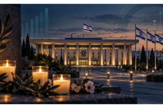 The Knesset in Jerusalem with Israeli flags and memorial candles marking the October 7 anniversary.