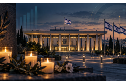 The Knesset in Jerusalem with Israeli flags and memorial candles marking the October 7 anniversary.