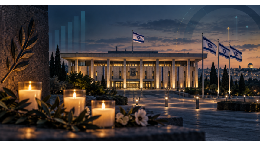 The Knesset in Jerusalem with Israeli flags and memorial candles marking the October 7 anniversary.