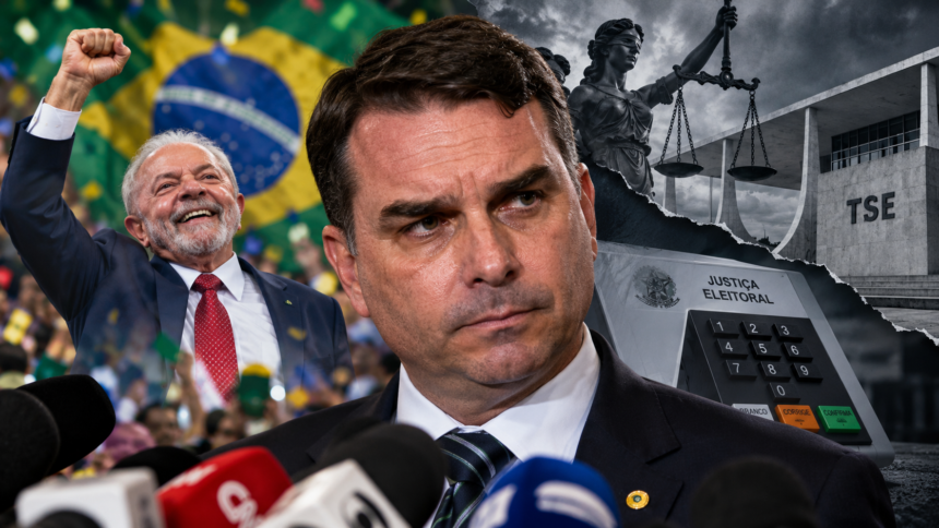 Illustration of Flávio Bolsonaro at microphones, Lula celebrating, an electronic voting machine and Brazil's electoral court.