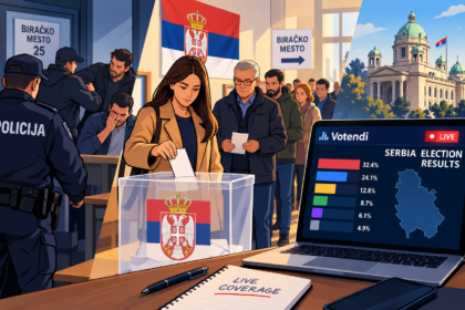 Illustration representing voting and election results during Serbia’s 2026 parliamentary election