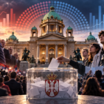 Editorial illustration of Serbia's National Assembly, a ballot box and contrasting election crowds for the October 22 Ipsos poll.
