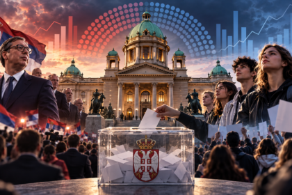 Editorial illustration of Serbia's National Assembly, a ballot box and contrasting election crowds for the October 22 Ipsos poll.