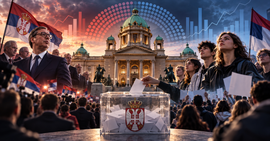 Editorial illustration of Serbia's National Assembly, a ballot box and contrasting election crowds for the October 22 Ipsos poll.