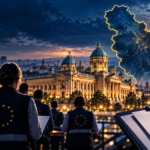 Illustration of observers overlooking Serbia’s National Assembly in Belgrade, with a map of Serbia and a ballot paper.