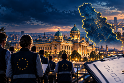 Illustration of observers overlooking Serbia’s National Assembly in Belgrade, with a map of Serbia and a ballot paper.