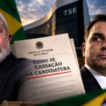Editorial illustration of a legal dispute involving Brazil's electoral court before the 2026 presidential runoff